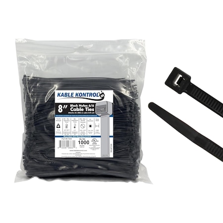 Kable Kontrol Cable Tie, 8 in L, 2.16 in Max Bundle Dia., Black, Nylon 6/6, 18 lb Strength, 1000 PK CT259